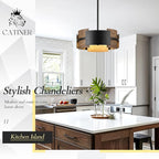 Industrial Drum Chandeliers, Modern Black Metal Pendant Lighting Walnut Wood Grain 4-Ligth Semi Flush Mount Chandelier 12" for Foyer Entryway Kitchen Hallway Dining Room