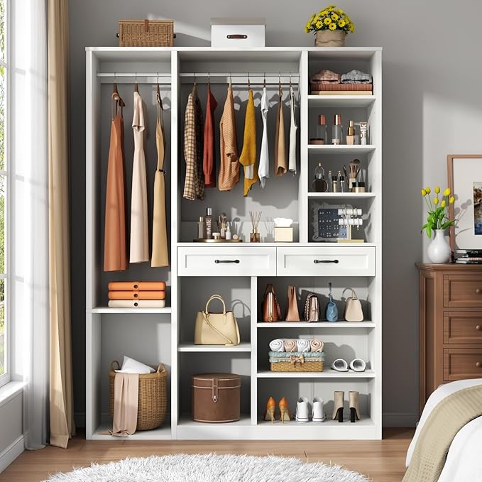 Closet System with 2 Drawers, 55” Wood Closets Organizer and Storage with 2 Hanging Rods, Walk-In Closets System, Clothes Rack with 10 Shelves, White Closet Shelves System Large Wardrobe for Bedroom
