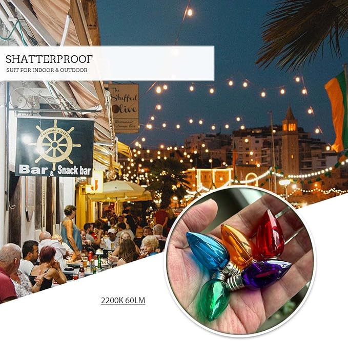 Jslinter 25Pack C7 LED String Light Bulbs, E12 Candelabra Base Christmas Replacement Bulbs for Holiday Decoration, Shatterproof, E12 Screw Base, Vintage Edison Bulbs for Patio Garden