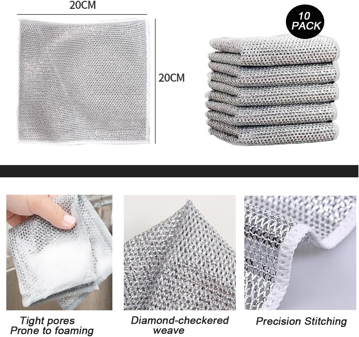 10 PCS Multipurpose Wire Dishwashing Rag for Wet and Dry,Non-Scratch Wire Dishcloth,Scrubbing Wire Dishwashing Rags,Time-Saver Kitchen Wipes Cleaning Cloths (Double Layer)