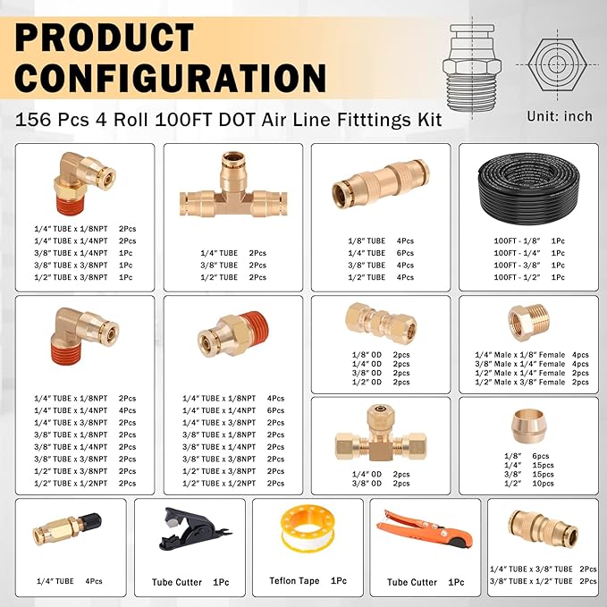 CheeMuii 156 PCS Brass DOT Air Line Fittings with 4 Roll 100FT 1/8" 1/4" 3/8" 1/2" DOT Air Lines Kit Push Lock Air Fitting Quick Connect Air Fittings with Air Hose Pneumatic Tubing
