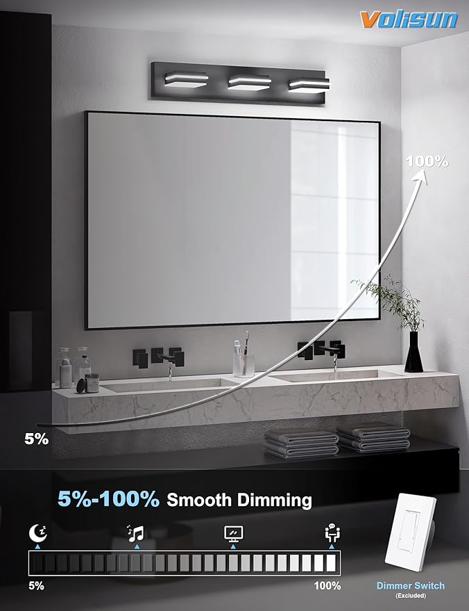 VOLISUN 5CCT Bathroom Light Fixtures Over Mirror, Dimmable, 360°Rotatable Head, 24 inch, 3 Light Bathroom Vanity Light Fixtures, Black LED Vanity Lights for Bathrooms-ETL Certificated