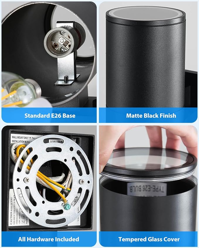 KIZON Modern Outdoor Wall Lights with Dusk to Dawn Sensor, Cylinder Outdoor Light Fixture Wall Mount with Matte Black Finish, Outside Sconce Lights for House Porch with Bulbs Included, ETL Listed