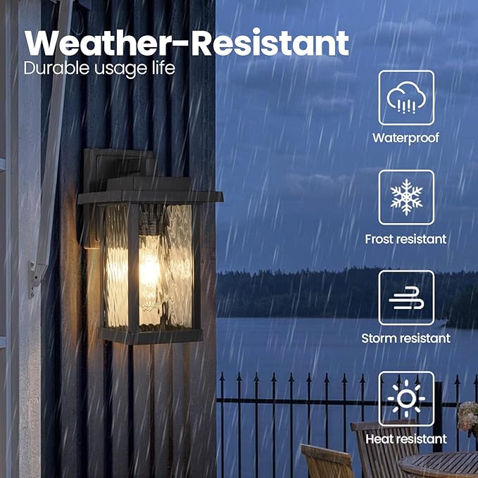 Outdoor Wall Sconce, Outside Porch Light Fixtures, Wall Mount Anti-Rust Exterior Wall Lights in Wood Grain Finish & Black Finish with Water Ripple Glass for Garage Doorway Entryway