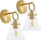 Gold Wall Sconces Set of 2 Modern Vanity Light Fixtures for Bathroom Wall Mount Lighting Lamp Hardwired Farmhouse Wall Lights with 6 Inch Clear Glass Shade for Bedroom Living Room Mirror