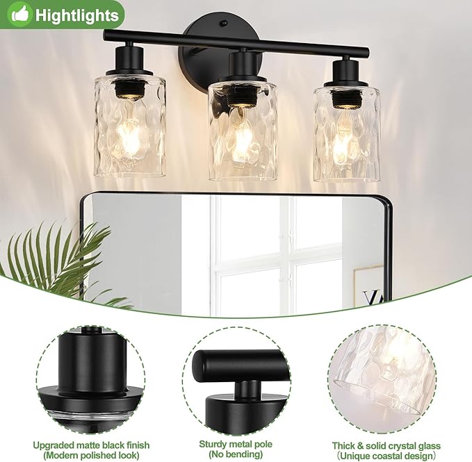 3-Light Bathroom Light Fixtures, Black Modern Vanity Lights with Clear Glass Shade, Bathroom Wall Lamp for Mirror Kitchen Living Room Hallway Cabinet Porch