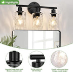 3-Light Bathroom Light Fixtures, Black Modern Vanity Lights with Clear Glass Shade, Bathroom Wall Lamp for Mirror Kitchen Living Room Hallway Cabinet Porch