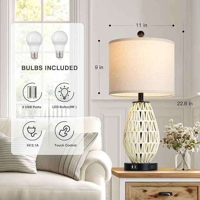 White Rattan Table Lamps Set of 2, 3 Way Dimmable Touch Control Bedside Lamp for Nightstand with 2 USB Ports and AC Outlet, Woven Wicker Bedroom Lamp, Boho Farmhouse Lamps for Living Room End Table