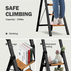 4 Step Ladder,Lightweight Folding Step Stool with Aluminum Wide Pedal& Convenient Handgrip,330lbs Capacity Steel Ladder for Household and Office(Black &Woodgrain)