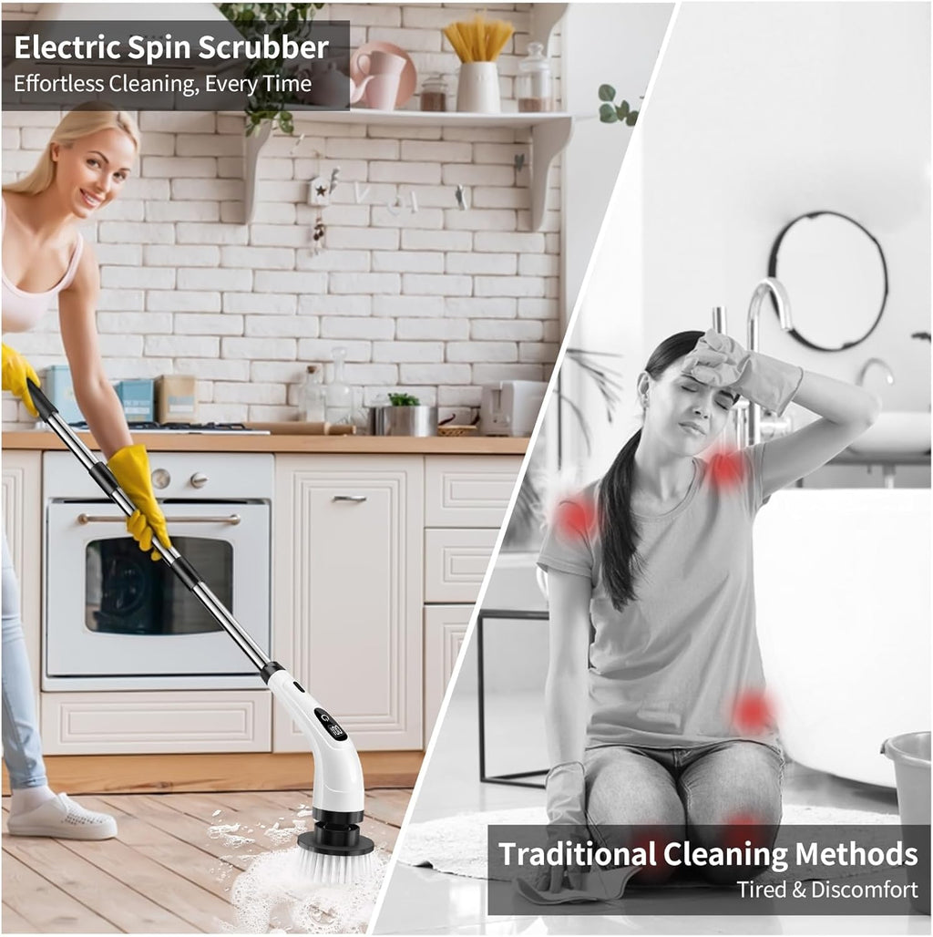 GOXAWEE Electric Spin Scrubber, Cordless Cleaning Brush with 8 Replaceable Brush Heads, Power Shower Scrubber with Long Handle for Bathroom, Tub, Tile, Floor (White)