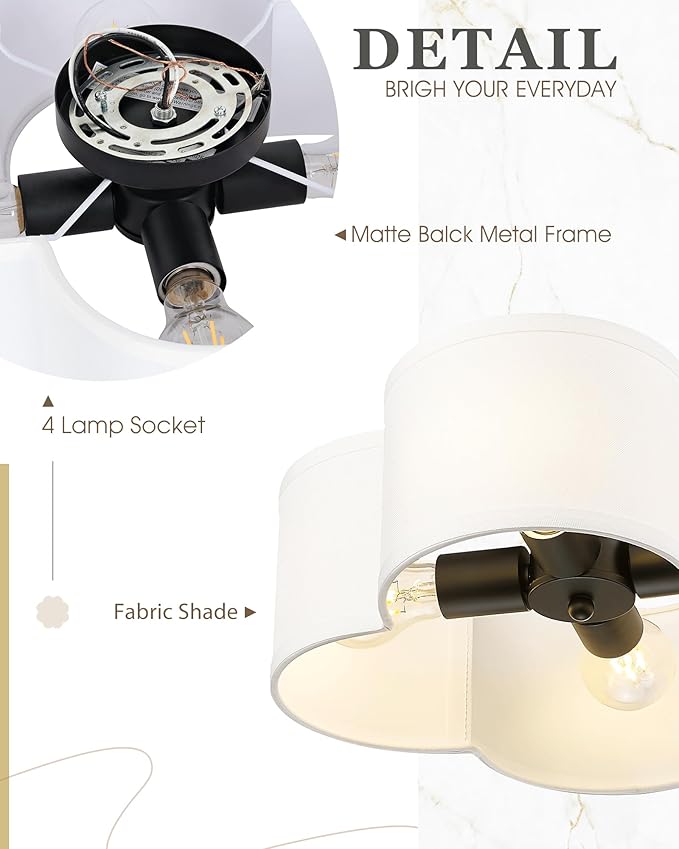 Black Flush Mount Ceiling Light, 4-Light 14Inch Light Fixtures Ceiling Mount with Fabric Shade in Quatrefoil Shape, Ceiling Light for Nursery Hallway Bedroom Kitchen, AD-22007-4C-BK