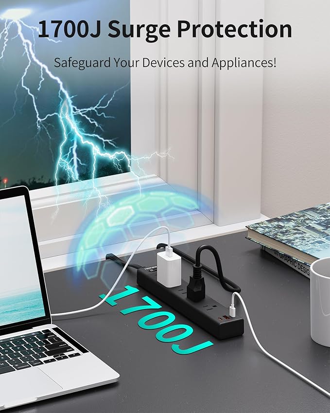 Flat Plug Power Strip, 15FT Ultra Thin Flat Extension Cord, Surge Protector with 5 Outlets & 3 USB Ports (2 USB C), 1700 Joules, 3-Prong, Wall Mount for Home Office Dorm, Black