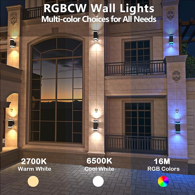 wowlite Smart Up and Down Lights Outdoor 2 Pack, RGBCW Exterior Lighting Fixtures WiFi App Control 2700K-6500K Ambience Wall Sconce Light Color Changing, Black Exterior Lights for House Porch Patio