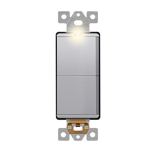 LIDER Minimalist Design Matte Finish Lighted Double Switch, Combination Frameless Decorator Switch with Locator Light, Ground Terminal, Single Pole, 15A 120-277V, UL Listed, LCS2-1P-SV, Silver