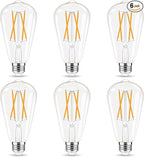 LED Edison Bulbs Dimmable, E26 Bulb 60 watt Equivalent, Soft White 2700K, ST58 Vintage Light Bulbs, 90+ CRI, 6W 600LM, E26 Base, Clear Glass, 6 Pack