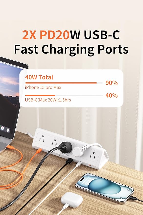 10 FT Desk Clamp Power Strip with 5 AC Outlets & 6 USB Ports PD 40W USB-C Fast Charging, 1250J Surge Protector, Fits 2.6 in top Edge White