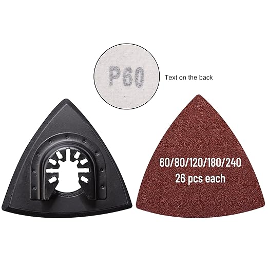 136Pcs Oscillating Tool Sanding Pad Kit, Contains 6Pcs Triangle Sanding Pads and 130Pcs Multitool Sandpaper, 60 80 100 120 240 Grits Oscillating Multi Tool Sandpaper Great for Wood&Plaster Polishing