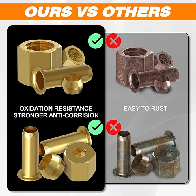 260PCS Compression sleeve ferrule kit - 6 Sizes (1/4", 3/8", 5/16", 1/2", 3/16", 1/8") of Brass Compression Sleeve Ferrule, Connect Lines for Air,Water,Fuel,Oil and Inert Gases
