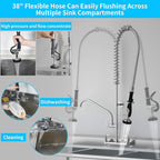Commercial Faucet with Sprayer, 36" Height 8 Inch Center Brass Constructed Wall Mount Kitchen Sink Faucet with Pull Down Pre-Rinse Sprayer and 12" Swing Spout Fit for 2/3 Compartment Sink