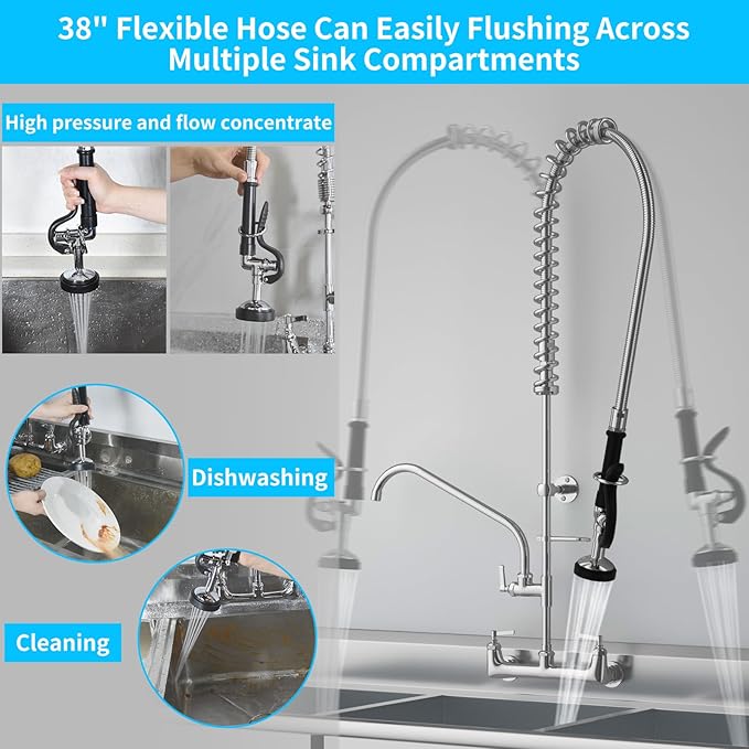 Commercial Faucet with Sprayer, 36" Height 8 Inch Center Brass Constructed Wall Mount Kitchen Sink Faucet with Pull Down Pre-Rinse Sprayer and 12" Swing Spout Fit for 2/3 Compartment Sink