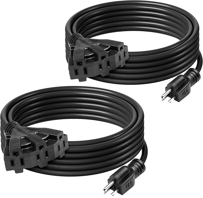 BN-LINK 2-Pack 25Ft Outdoor Extension Cord with 3 Outlets 16/3 SJTW Power Cord, 3-Prong Grounded Plug, for Landscaping & Holiday Decorations, ETL Listed,Black