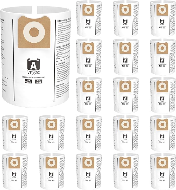 20 Pack 23743 VF3502 Vacuum Bags Compatible with Ridgid 12 to 16 Gallon Wet Dry Vacuums, High Efficiency Replacement Filter Bags for Model WD1950 WD1956 WD1850 WD1851 RV2400HF WD1450 WD1680 WD1270