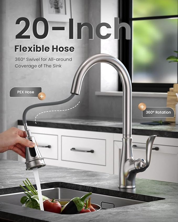 APPASO Brushed Nickel Kitchen Faucet, Single Handle Kitchen Faucet with Pull Down Sprayer, Stainless Steel High Arch, Neoperl Aerator, CUPC-Certified Pull-Out Hose, Water Supplies and Valve Core