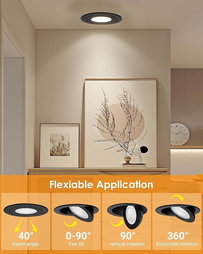 3 inch Black Recessed Lights, 7W Canless Gimbal Soffit Lighting, Canless Lights, 5CCT Dimmable 90°Tilt Wafer 3 inch Light, Retrofit Rotatable Eyeball Swivel Spot Downlight 6 Pack Black