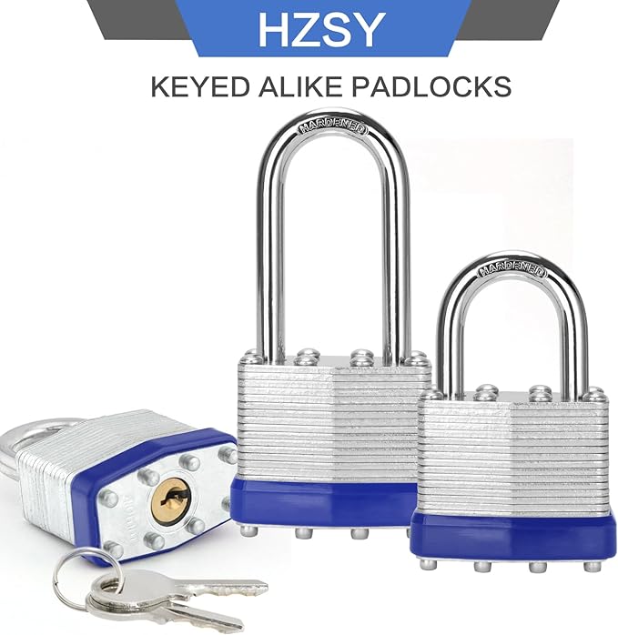 Padlocks Keyed Alike, Pack of 6, Laminated Steel Keyed Lock (1-9/16", 40mm), Padlocks with Same Key, Long Shackle, for Toolbox, Locker & StorageUnit or More