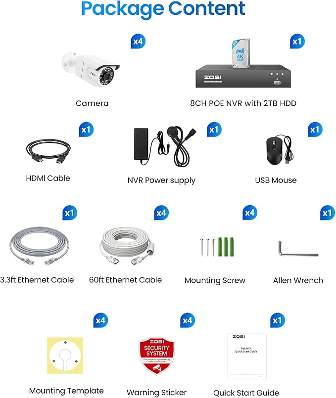 ZOSI 4K PoE Security Camera System,4pcs 8MP Indoor Outdoor Bullet Cameras with Person Vehicle Detection,People Counting,One-Way Audio,100ft Night Vision,4K/8MP 8CH NVR with 2TB HDD for 24/7 Recording