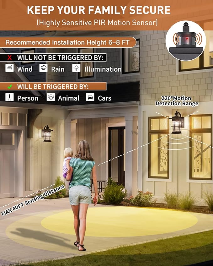 Motion Sensor Outdoor Wall Light Dusk to Dawn Exterior Light Fixtures Waterproof Exterior Sconce Black Porch Lamp Wall Mount Outside Lantern Light for House Front Door Garage