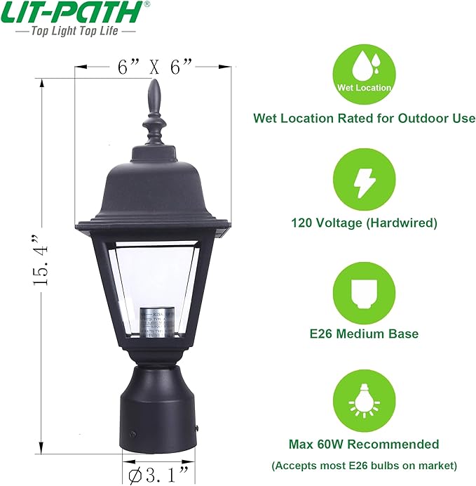 LIT-PaTH Outdoor Post Lighting Fixture Pole Lantern, E26 Medium Base Max 60W, Aluminum Housing Plus Clear Glass, Bulb Not Included, Matte Black Finish, 1-Pack