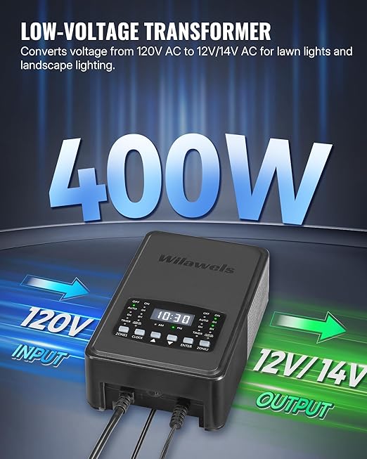 400W Low Voltage Landscape Transformer, 2 Zone Independent Control Landscape Lighting Transformer, 120VAC to 12/14V AC Low Voltage Transformer with Timer & Photocell Sensor ETL Listed D23LT06