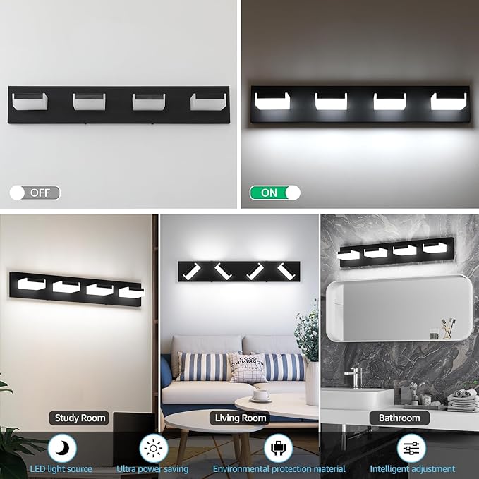 Aipsun Matte Black Bathroom Light Fixtures 4 Lights LED Modern Wall Light Over Mirror (White Light 6000K)