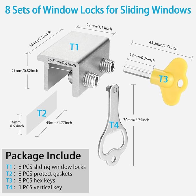 ZRFCXE Window Locks,8 Pack Sliding Window Locks with Key for Vertical & Horizontal Sliding Windows Doors,Easv to Install,Adjustable Security Window Lock for Patio Bedroom Home and Office (Silver)