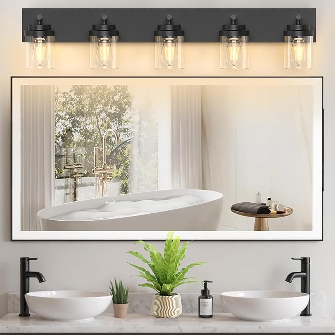 Bathroom Vanity Light Fixture with Clear Glass Shade, 5-Light Matte Black Bathroom Light Fixtures Over Mirror, Modern Vanity Lighting Fixtures for Bathroom/Living Room/Bedroom, E26 lamp Holder