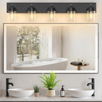Bathroom Vanity Light Fixture with Clear Glass Shade, 5-Light Matte Black Bathroom Light Fixtures Over Mirror, Modern Vanity Lighting Fixtures for Bathroom/Living Room/Bedroom, E26 lamp Holder
