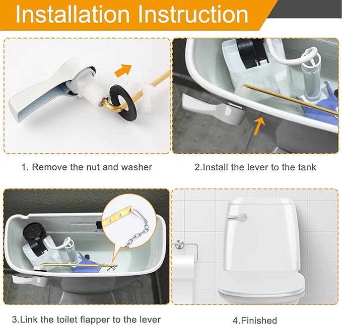 Hibbent Universal Metal Front Mount Toilet Handle Replacement Kit, Brass Toilet Flush Tank Lever with Stainless Steel Flapper Chains for Most Toilets, White Finish