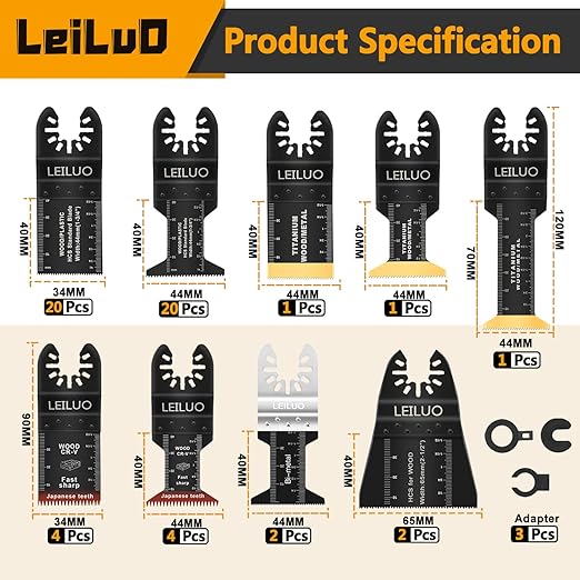 LEILUO 55-Piece Multitool Blades Kit Titanium and Japanese Tooth for Wood Nails Drywall Universal Multi Tool Accessories Storage Bag Included Compatible with DeWalt Makita Dremel and More