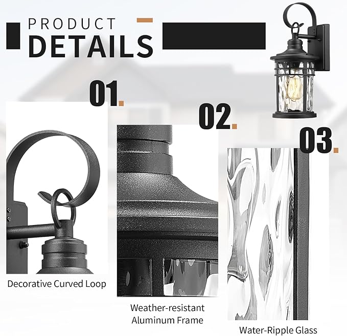 Darkaway Outdoor Wall Lights,2pcs Exterior Lighting Fixtures Wall Mount Porch Lights Waterproof Outdoor Sconce with Water Ripple Glass for House Patio Hallway Garage