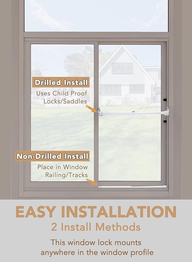 Greatim GT-DB005 Home Security Window Lock, Egress Window Lock, Childproof, Locking System, AntiLift Lock, Vertical Bar, for Single Hung Windows, Window Dowel, Adjustable (10.6~16.62 inch)