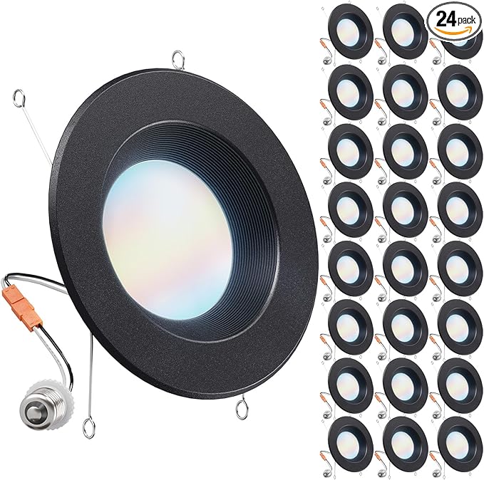 Sunco 24 Pack 5CCT Black LED Recessed Lighting 6 Inch, 2700K/3000K/3500K/4000K/5000K Selectable, Dimmable Can Lights, Baffle Trim, 13W=120W, 965 LM, Damp Rated, Retrofit Installation - UL Listed.