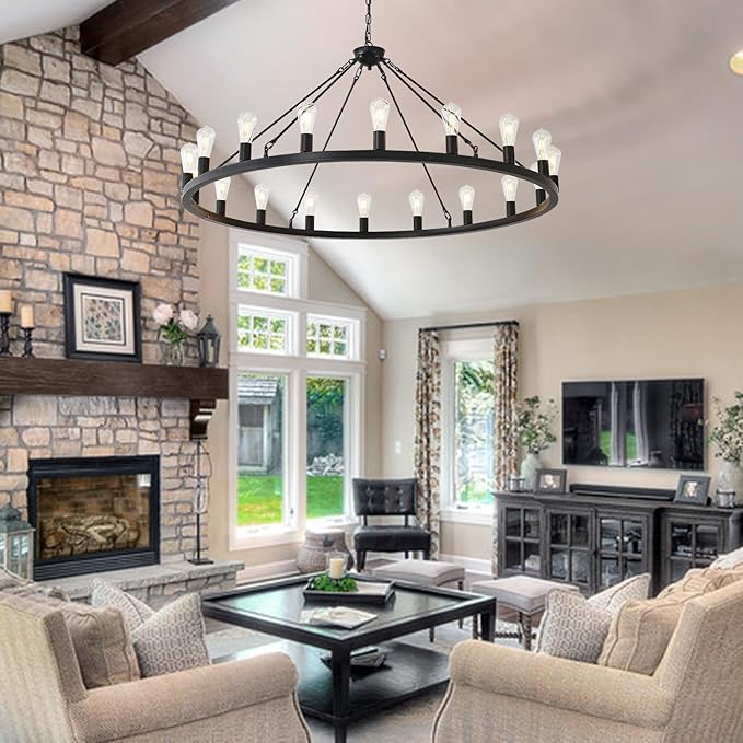 53” Black Large Wagon Wheel Chandelier,Vintage Rustic Farmhouse Chandeliers 18-Lights,Round Metal Industrial High Ceiling Pendant Light with Adjustable Height for Kitchen,Foyer,Porch,Living room