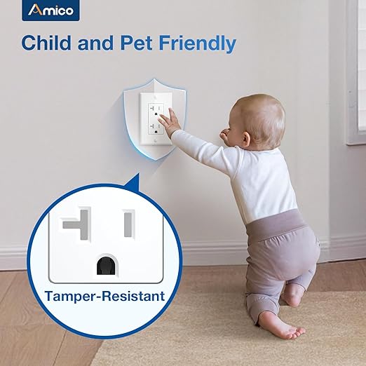 Amico 50 Pack Wall Outlet, 20 Amp Outlets, UL Listed, Tamper Resistant Standard Electrical Outlet, Decorator Receptacle with Wall Plate, Suitable for Home and Business, 125V/1875W, White