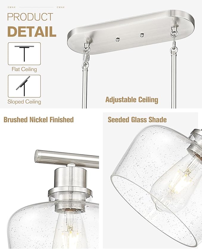 Emak 32 Inch Dining Room Light Fixtures Over Table, Brushed Nickel Kitchen Island Lighting with Seeded Glass Shade, 3-Light Linear Chandelier Light for Kitchen Island, Dining Room, Bar, IL122-BN-SG-3
