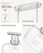 Emak 32 Inch Dining Room Light Fixtures Over Table, Brushed Nickel Kitchen Island Lighting with Seeded Glass Shade, 3-Light Linear Chandelier Light for Kitchen Island, Dining Room, Bar, IL122-BN-SG-3