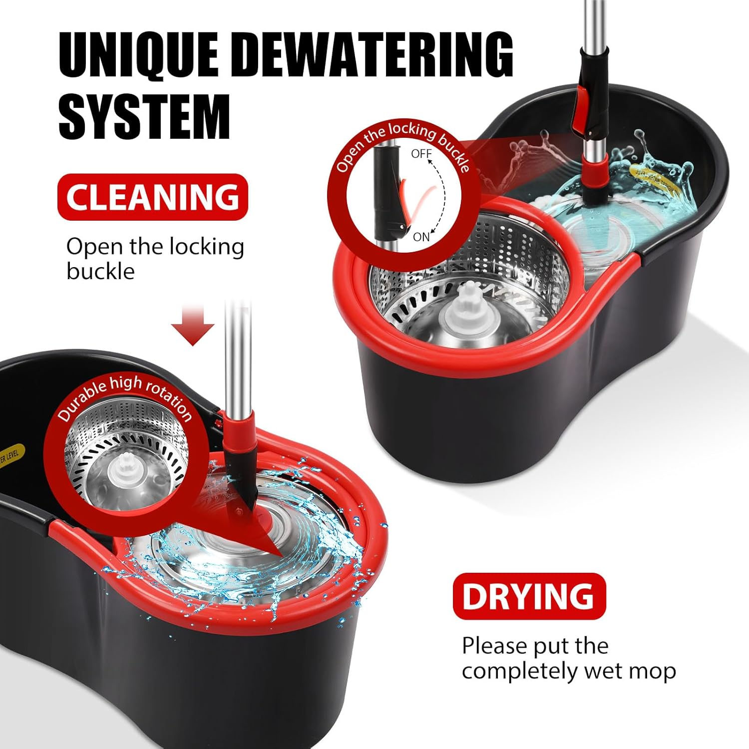 Spin Mop and Bucket with Wringer Set,360° Mop and Bucket System with 3 Microfiber Mop Refills and 50" Extended Handle for Floor Cleaning (Black)