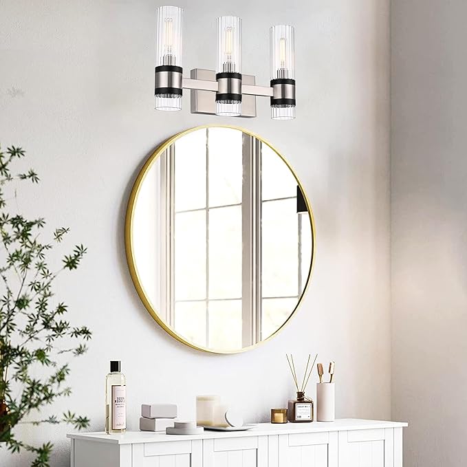 MELUCEE 3-Light Bathroom Light Fixtures Brushed Nickel, Farmhouse Vanity Lighting with Ribbed Clear Glass Shade Bathroom Bar Light Fixtures for Kitchen Bedroom Hallway, E12 Base