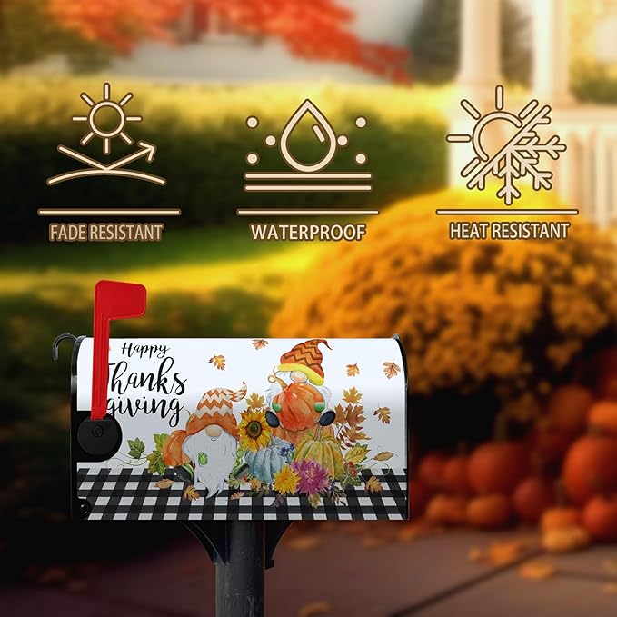 Happy Thanksgiving Mailbox Covers Magnetic Oversized Fall Gnomes Pumpkins Mailbox Cover Large Size 25.5x21 Inch Decor Black White Plaid Letter Post Box Wraps for Garden Outdoor