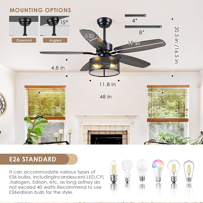 48" Black Farmhouse Ceiling Fan with Light and Remote, Industrial Cage Design, Rustic Flush Mount for Bedroom Living Room, E26 Base, DC Motor, 6-Speed Reversible with Timer, Dual Blades
